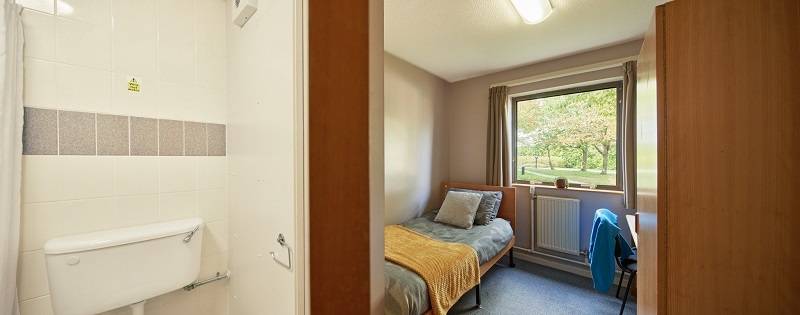 Interior view of ensuite bathroom and single study bedroom in Scholars Green Halls
