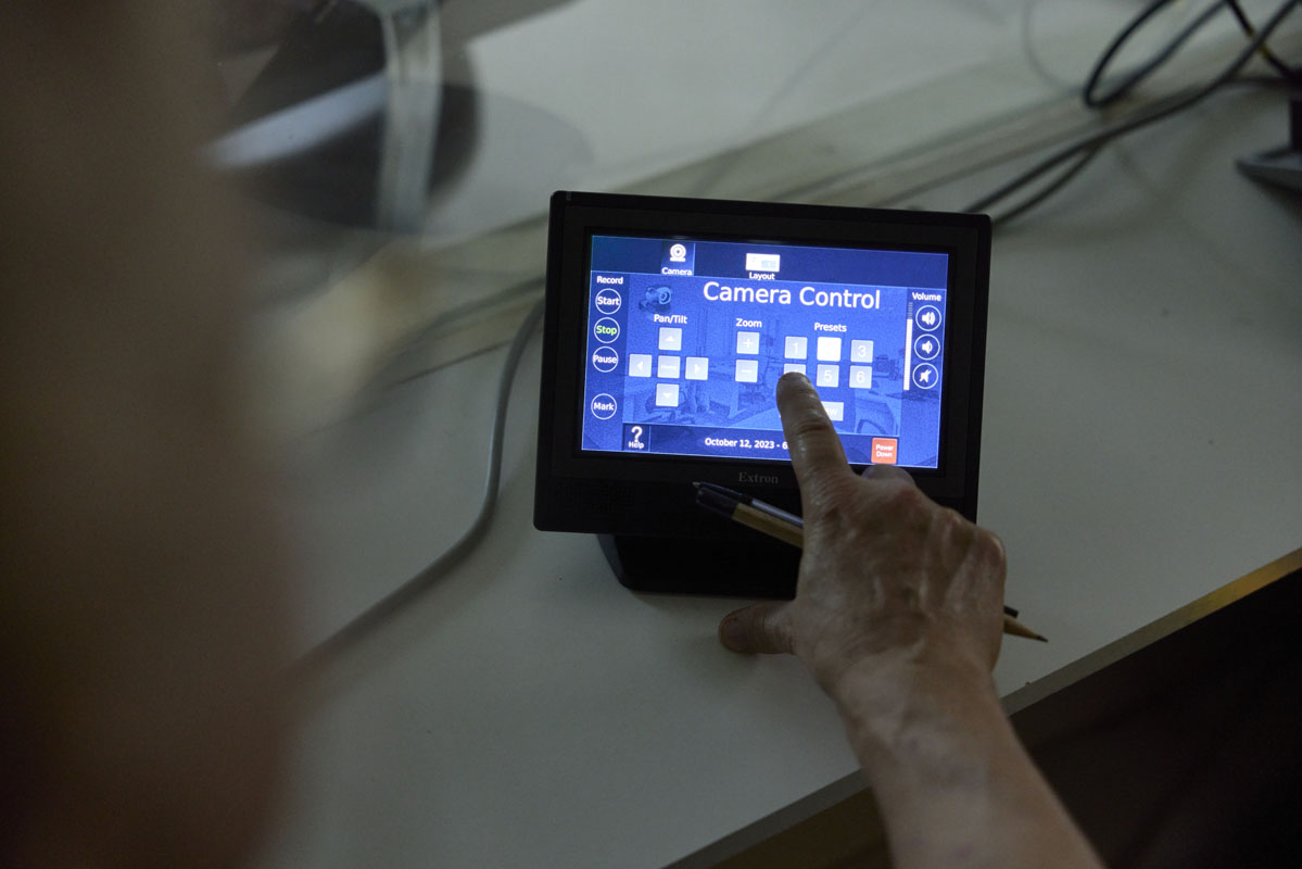 Dental nursing tool in the dental lab at UON, of a camera control. It shows options of moving the camera such as pan/tilt, zoom, presents, and volume