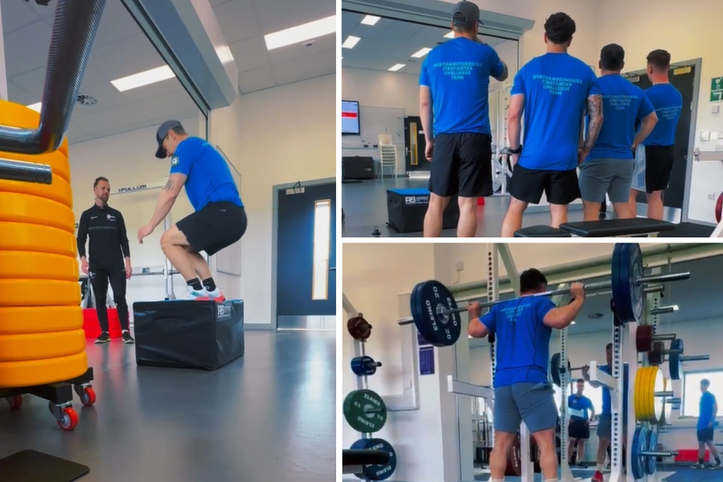 Three images in a gym: man jumping onto a box, three men with backs turned, and a man lifting a barbell.