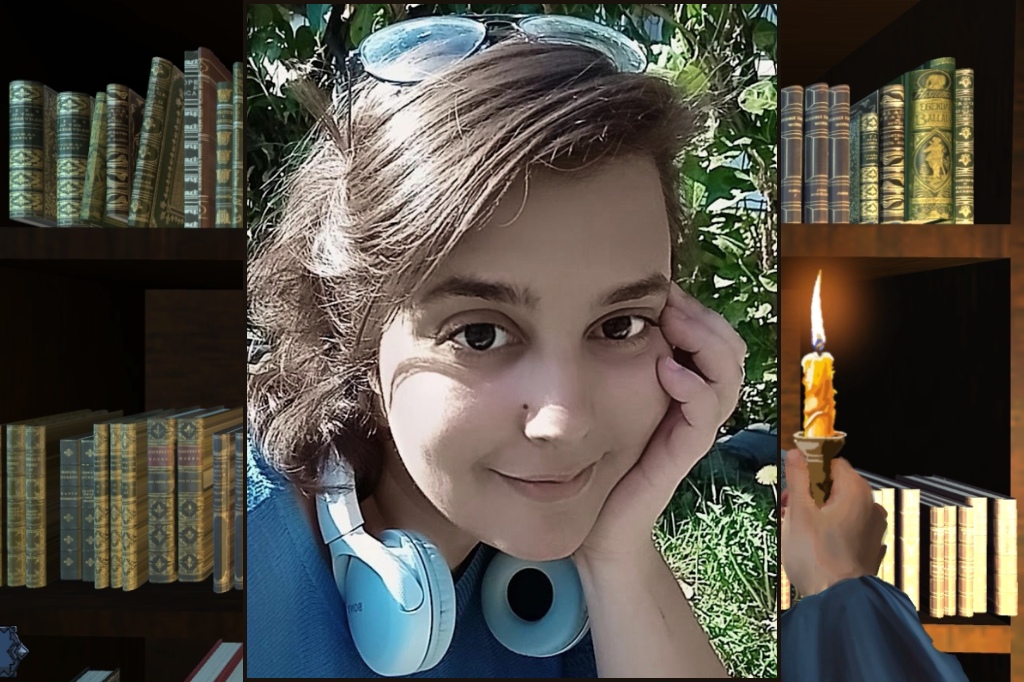A person with short brown hair and headphones rests their head on their hand, smiling outdoors, surrounded by digitally added bookshelves and a hand holding a lit candle.