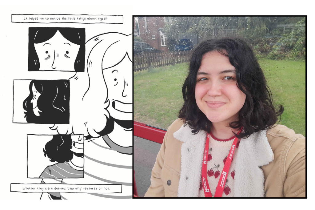 A comic panel about self-acceptance is shown beside a selfie of a woman with shoulder-length dark hair, wearing a lanyard and beige jacket, sitting by a window.