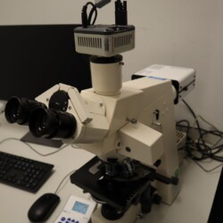 A compound microscope with an attached camera is placed on a desk next to a computer keyboard, mouse, and a digital control pad.